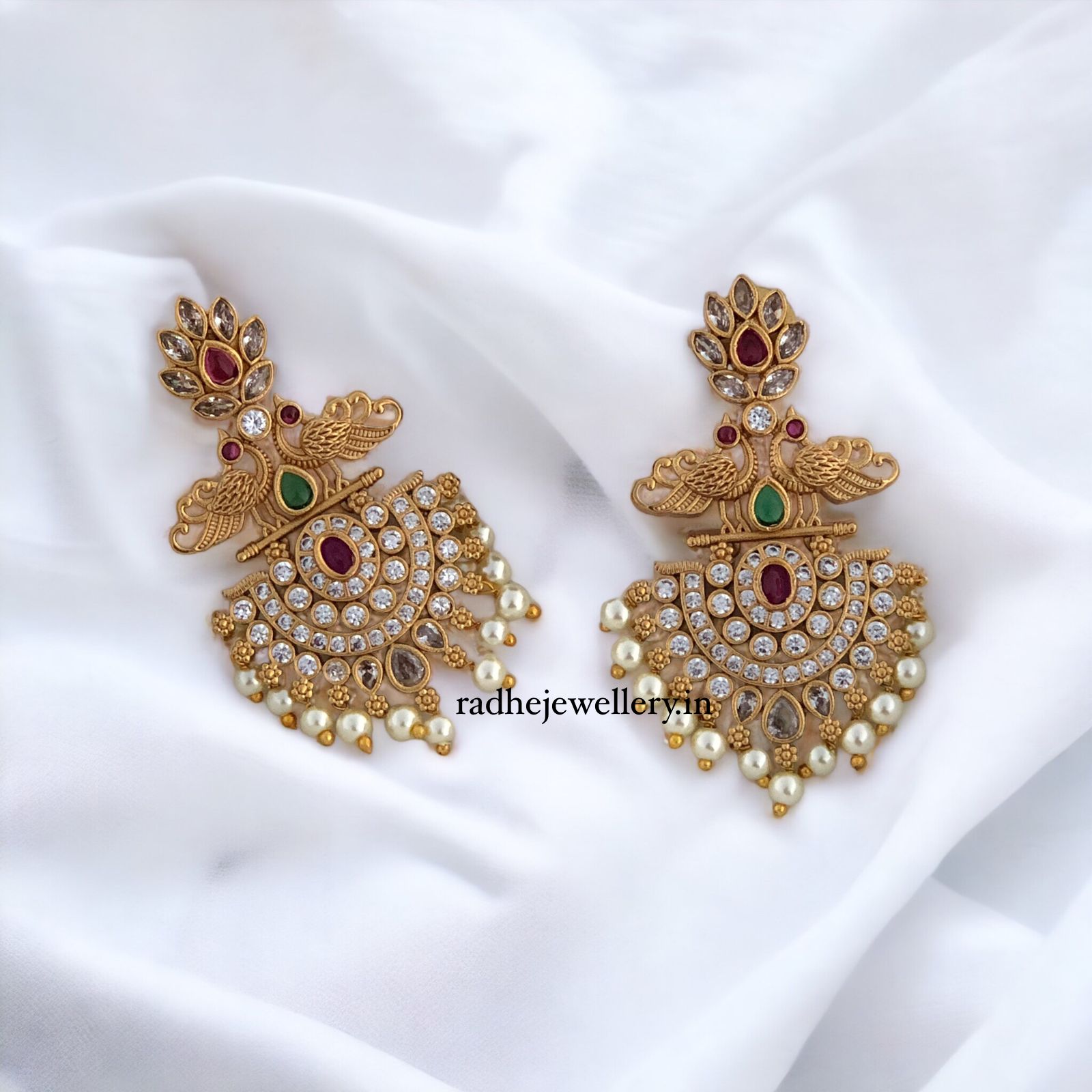 Peacock Crowned Earrings, With Ruby Stones & Pearls