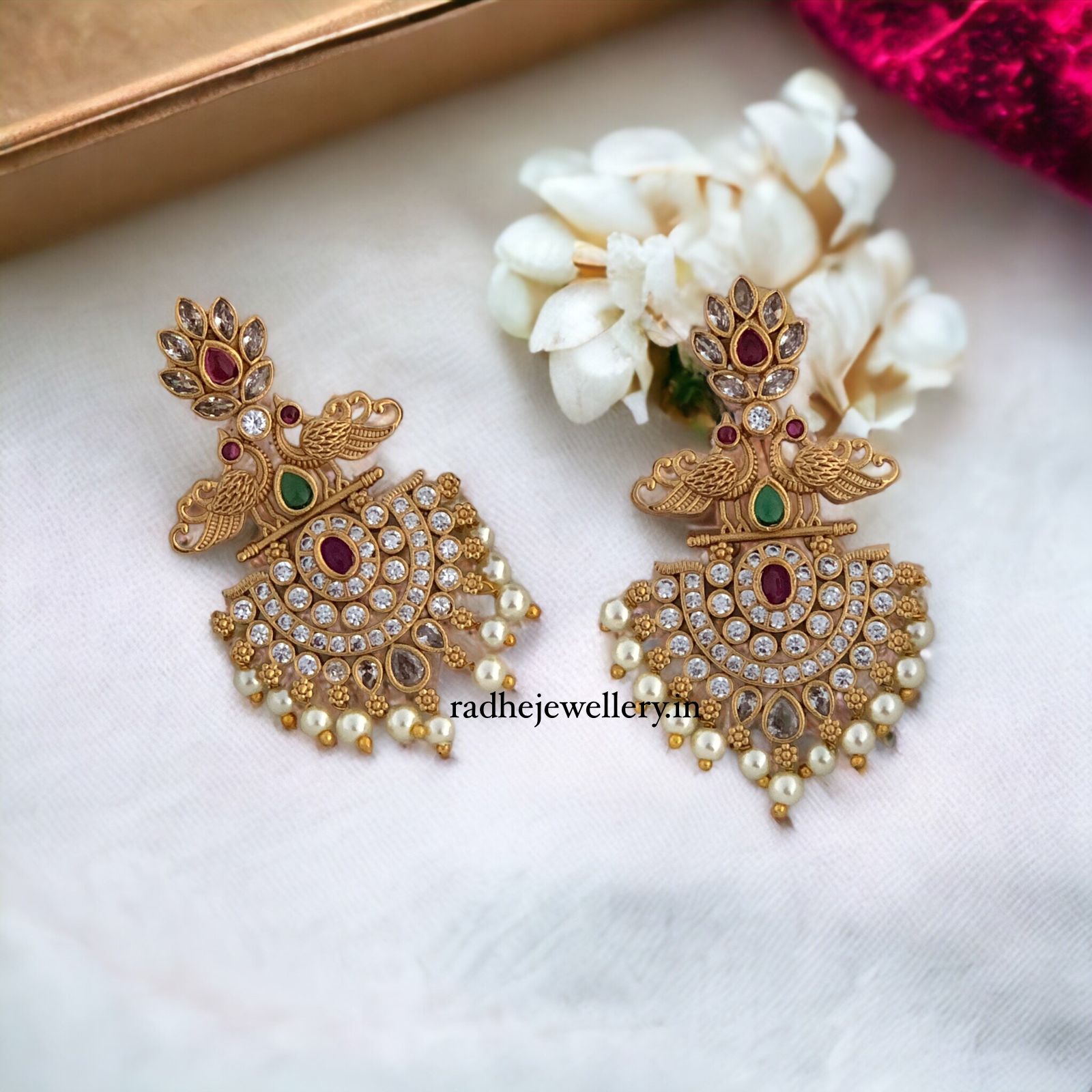 Peacock Crowned Earrings, With Ruby Stones & Pearls