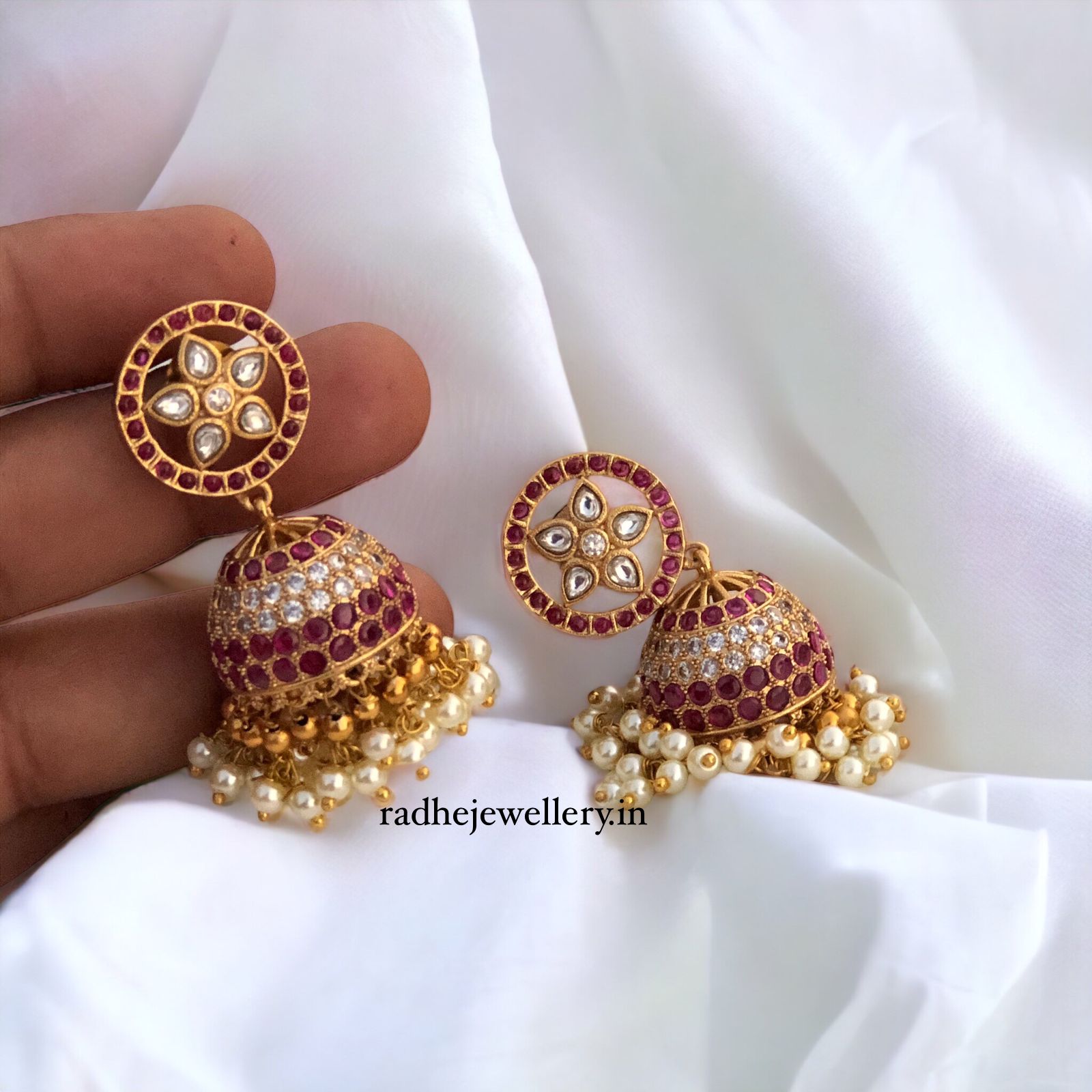 Round Star Floral Jhumkis, With Ruby Stones & Pearls