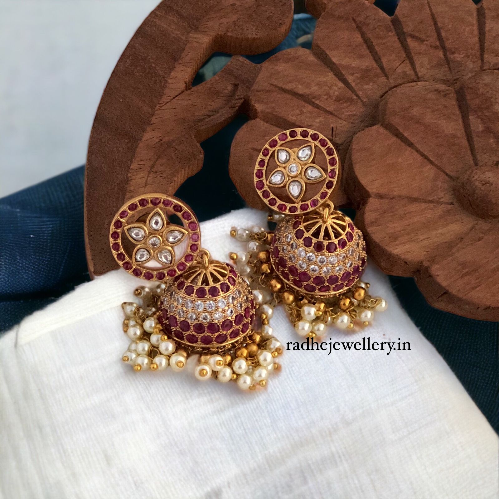 Round Star Floral Jhumkis, With Ruby Stones & Pearls