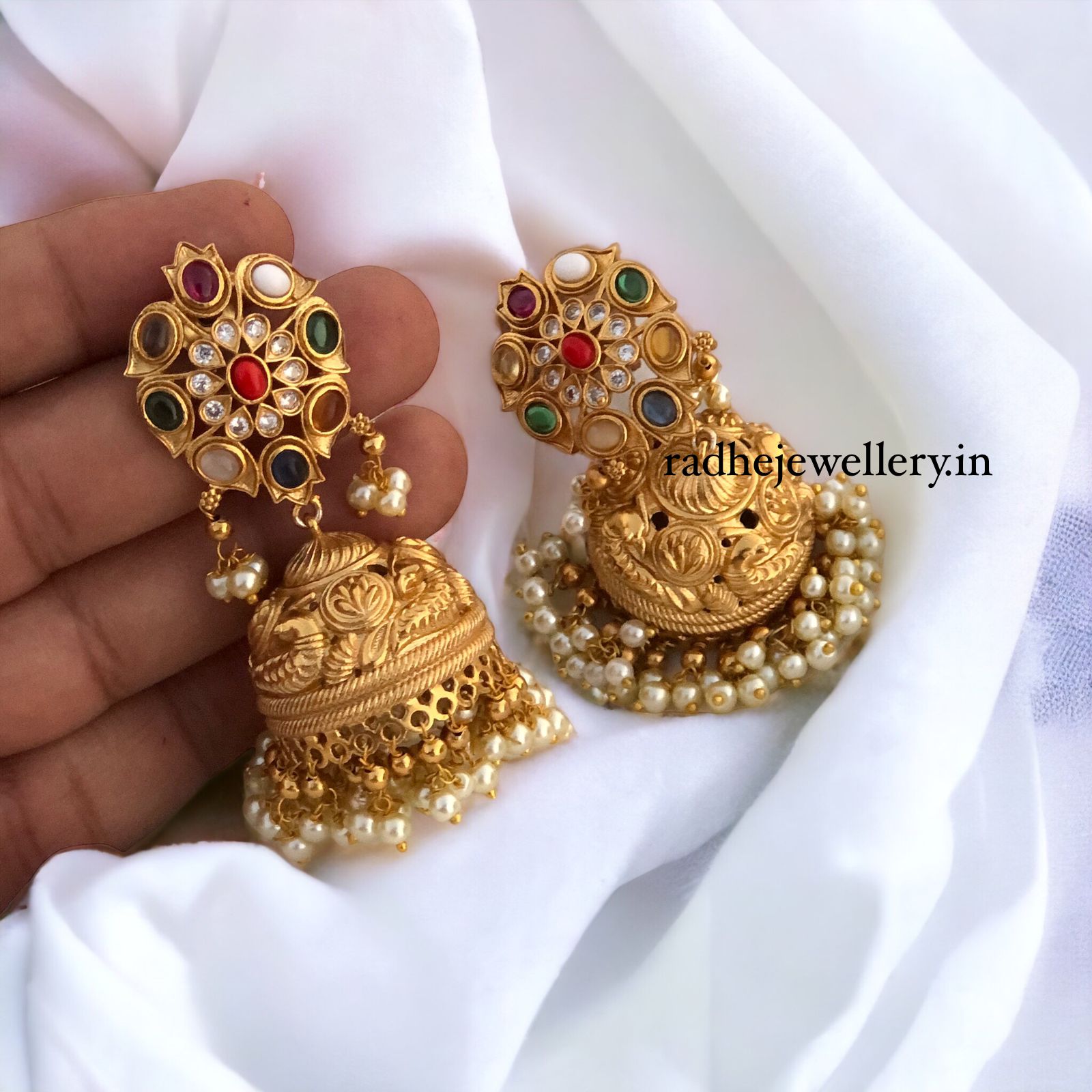 Navarathana Antique Finish Jhumkis, With Tiny Pearls