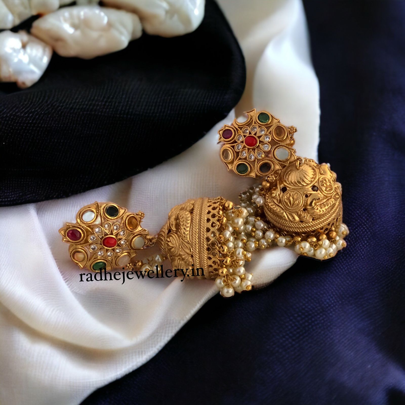 Navarathana Antique Finish Jhumkis, With Tiny Pearls