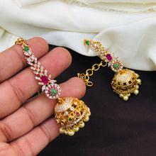 Regal Temple Design Jhumkas with Maatilu/Kaan Chain - Red & Green Stones