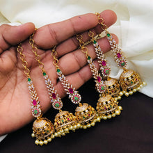 Regal Temple Design Jhumkas with Maatilu/Kaan Chain - Red & Green Stones