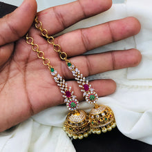 Regal Temple Design Jhumkas with Maatilu/Kaan Chain - Red & Green Stones