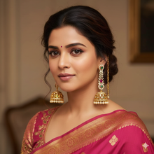 Regal Temple Design Jhumkas with Maatilu/Kaan Chain - Red & Green Stones