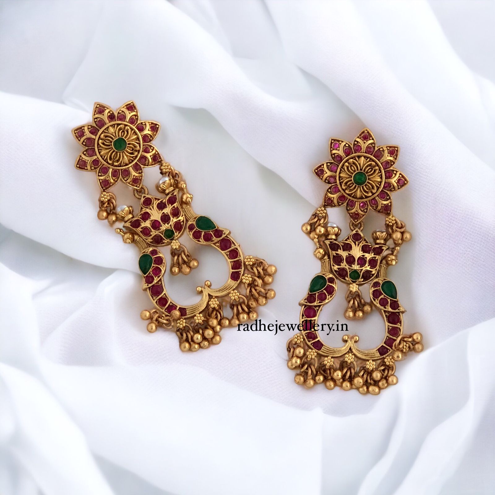 Unique Floral & Lotus Design Antique Earrings, With Golden Beads