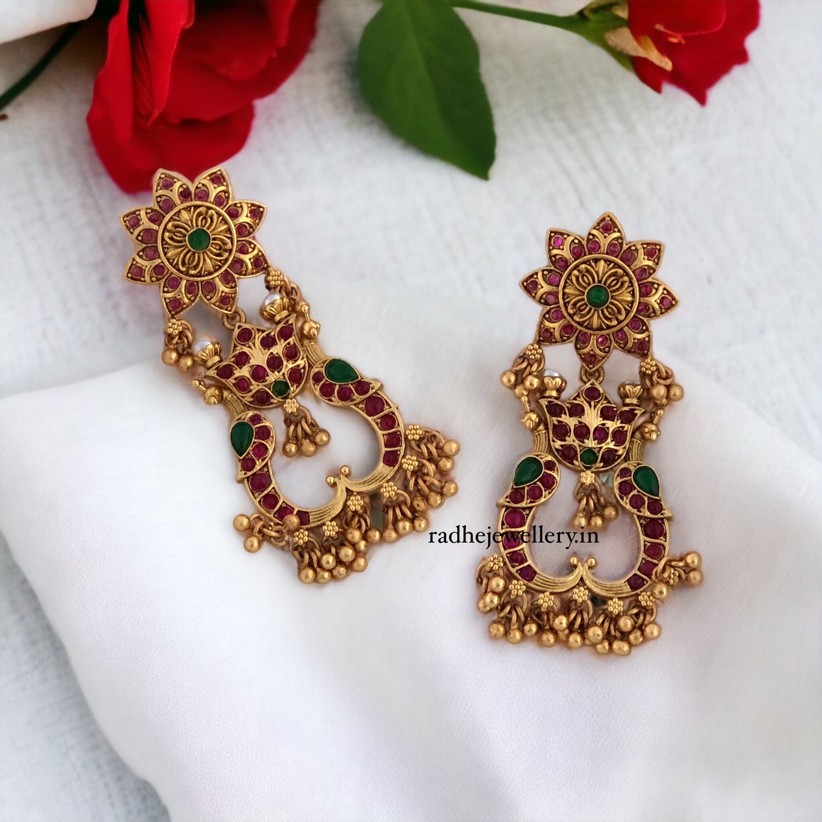 Unique Floral & Lotus Design Antique Earrings, With Golden Beads