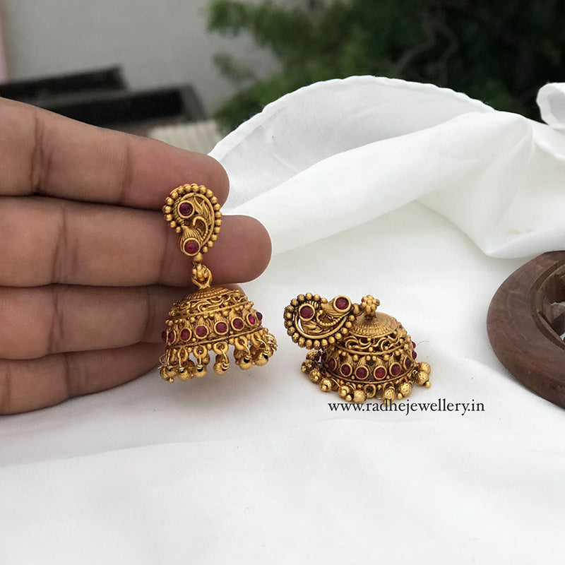 Mango Leaf Antique Jhumkis, With Golden Beads, 2 Colors