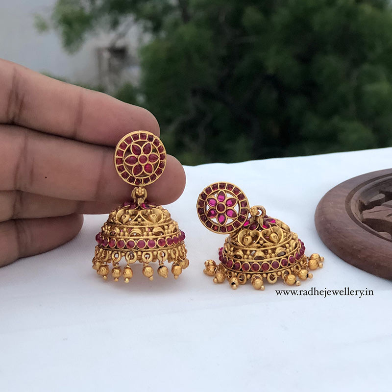 Framed Flower Antique Jhumkis, With Golden Beads, 2 Colors