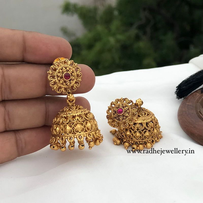 Hexagon Flower Antique Jhumkis, With Golden Beads