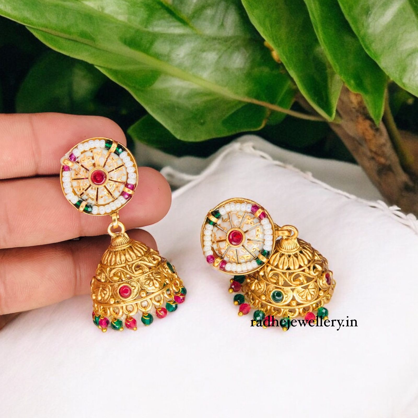 Rajwadi Polish Meenakari Traditional Jhumka Earrings