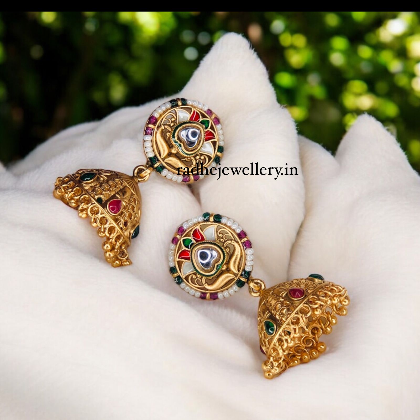 Rajwadi Polish Meenakari Traditional Jhumka Earrings