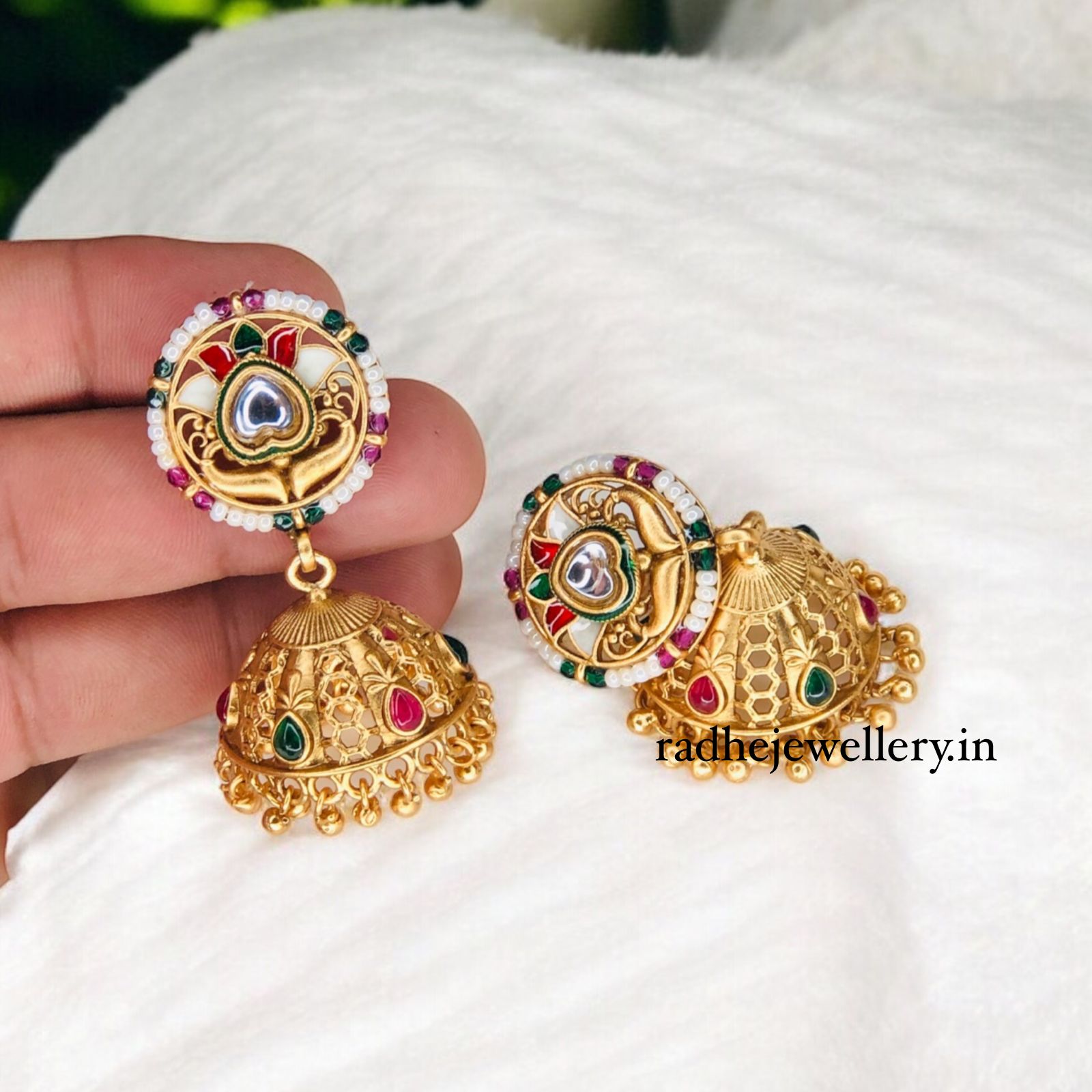 Rajwadi Polish Meenakari Traditional Jhumka Earrings