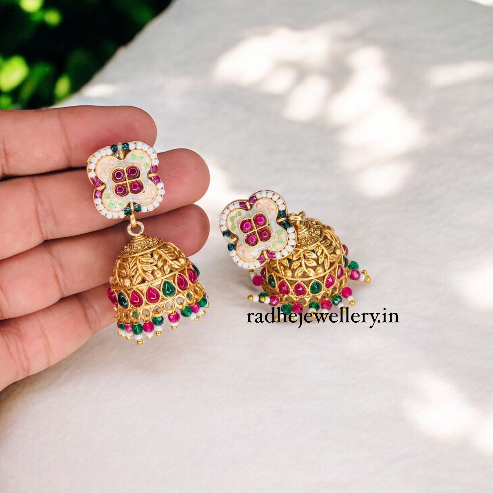 Rajwadi Polish Meenakari Traditional Jhumka Earrings