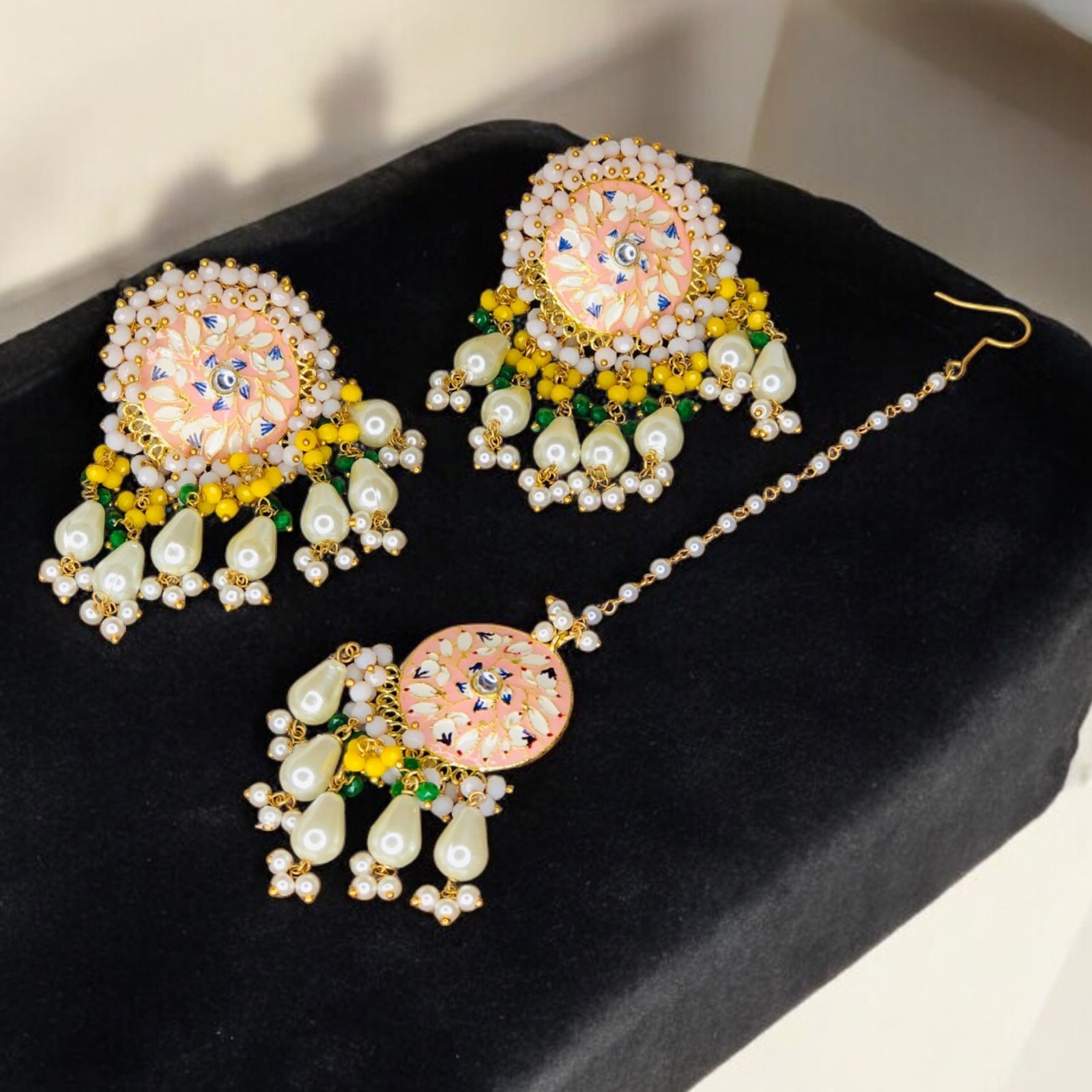 Exclusive Heavy Meenakari and Beads Earings with Matching Maang Teeka