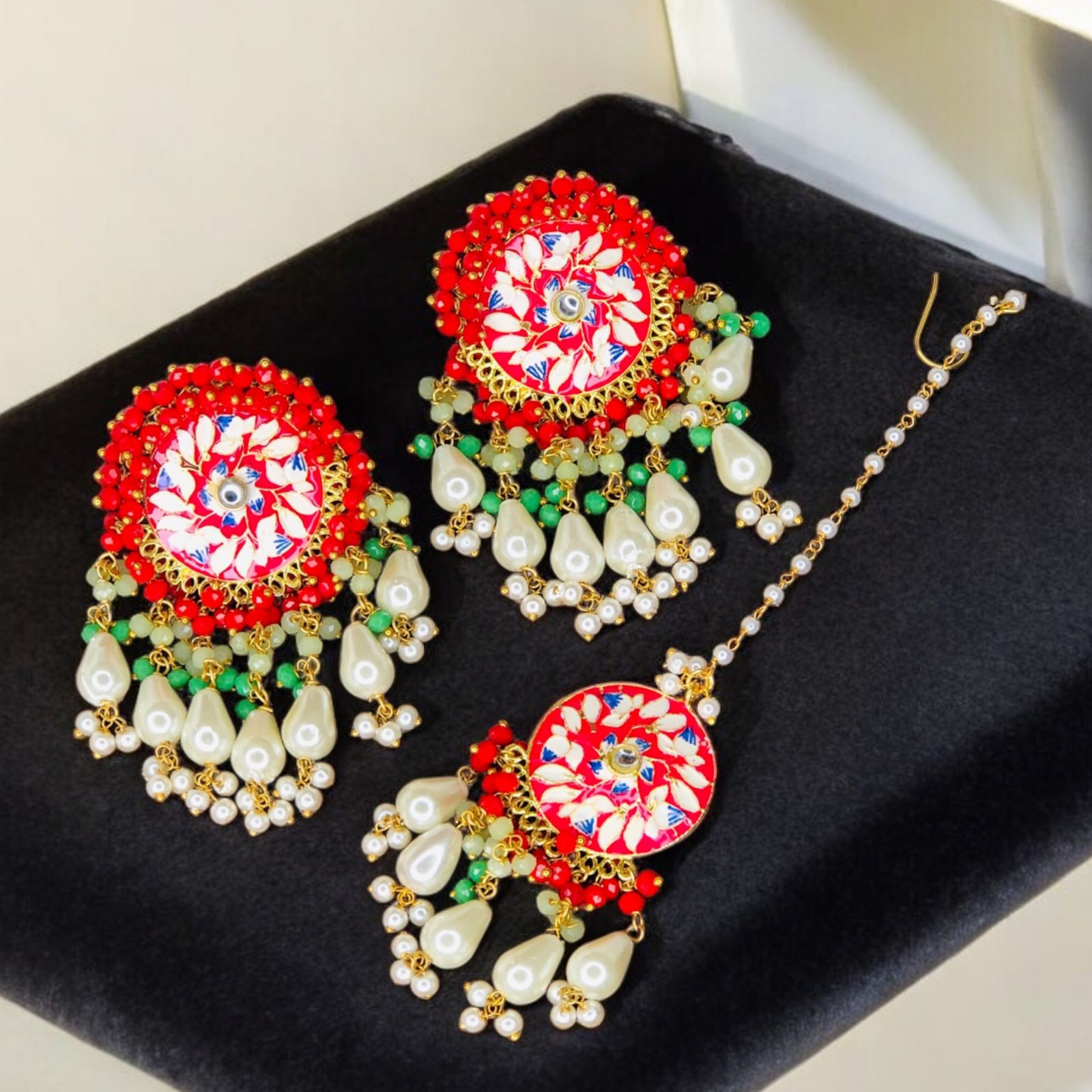 Exclusive Heavy Meenakari and Beads Earings with Matching Maang Teeka