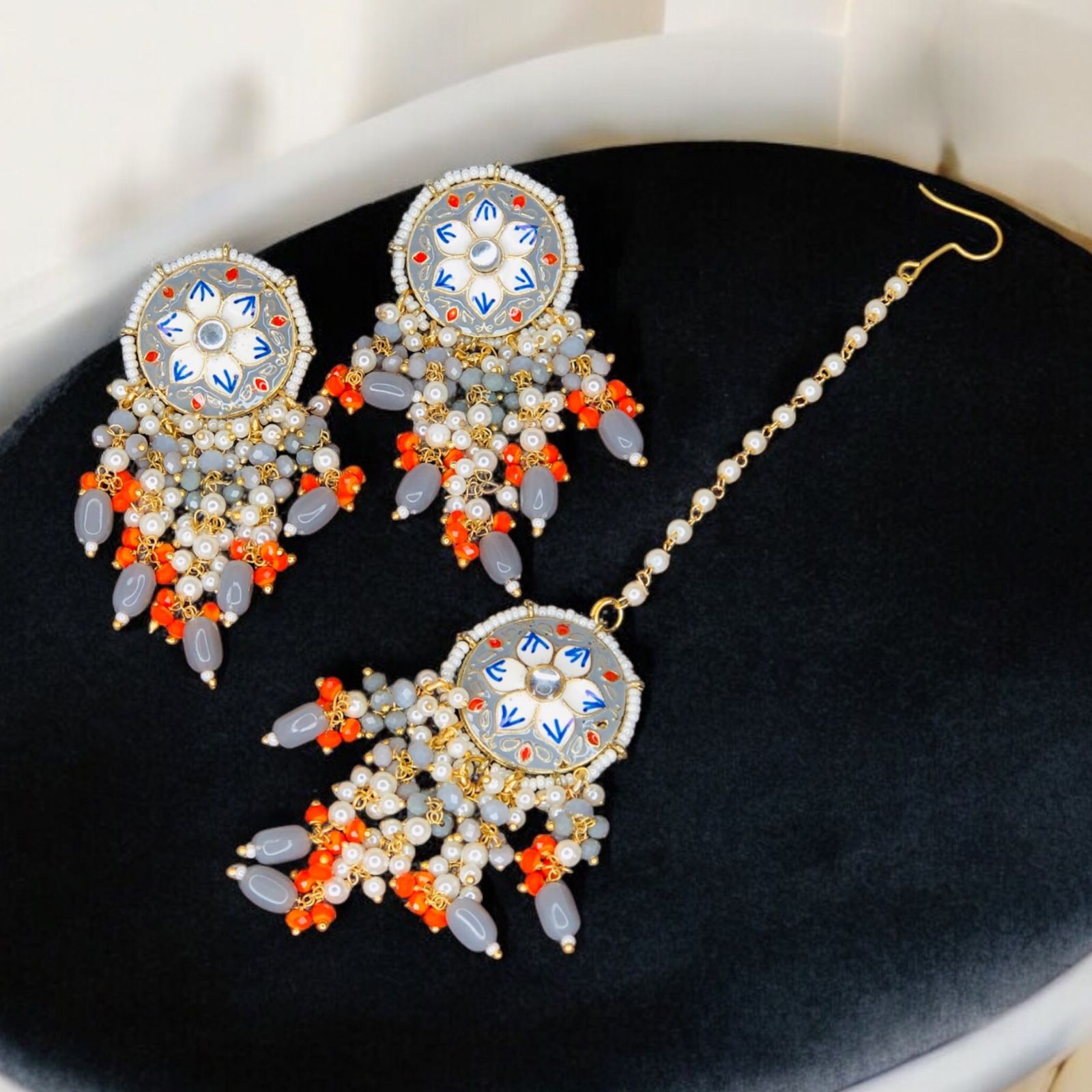 Exclusive Heavy Meenakari and Beads Earings with Matching Maang Teeka