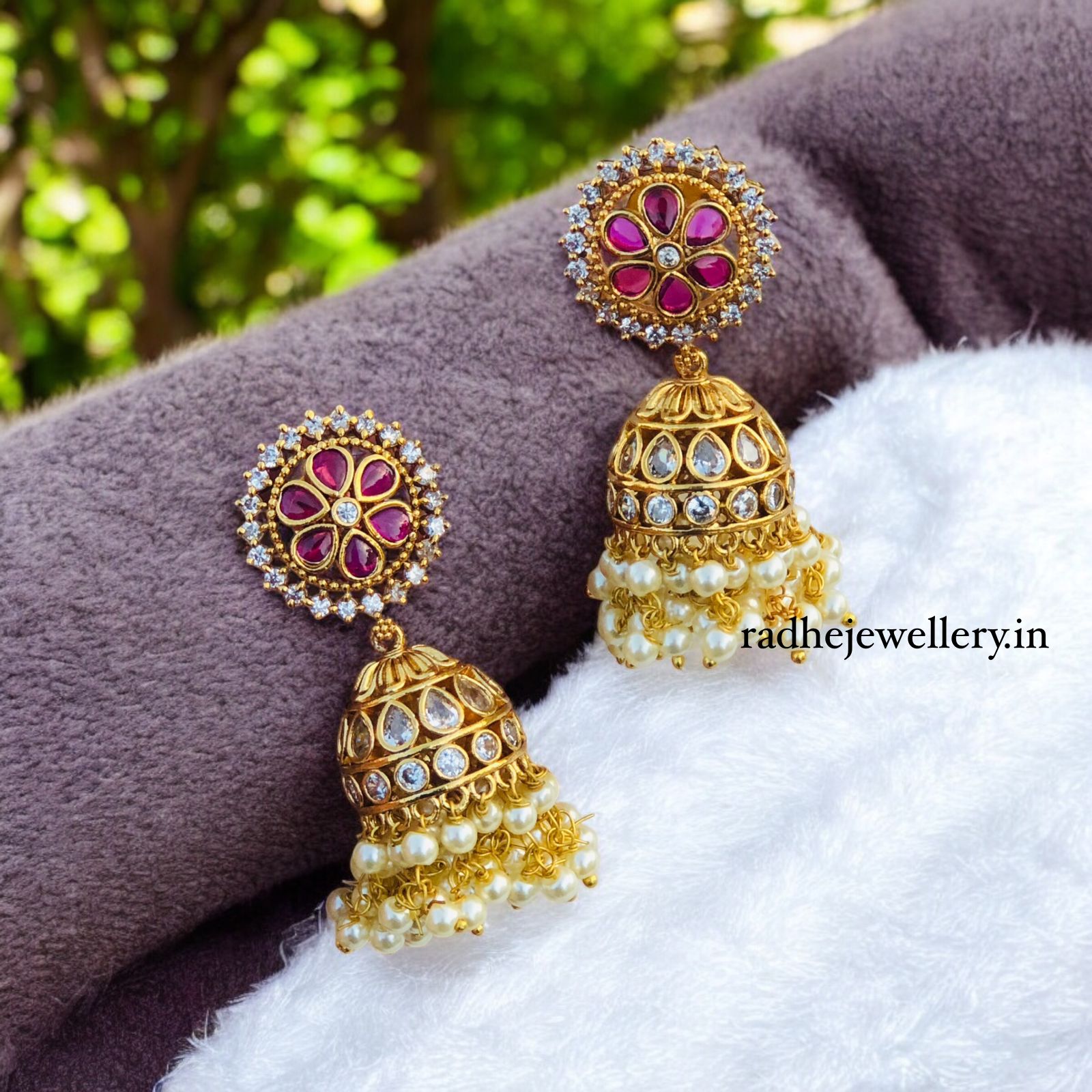 beautifully Ad And Ruby Stone Jhumkas