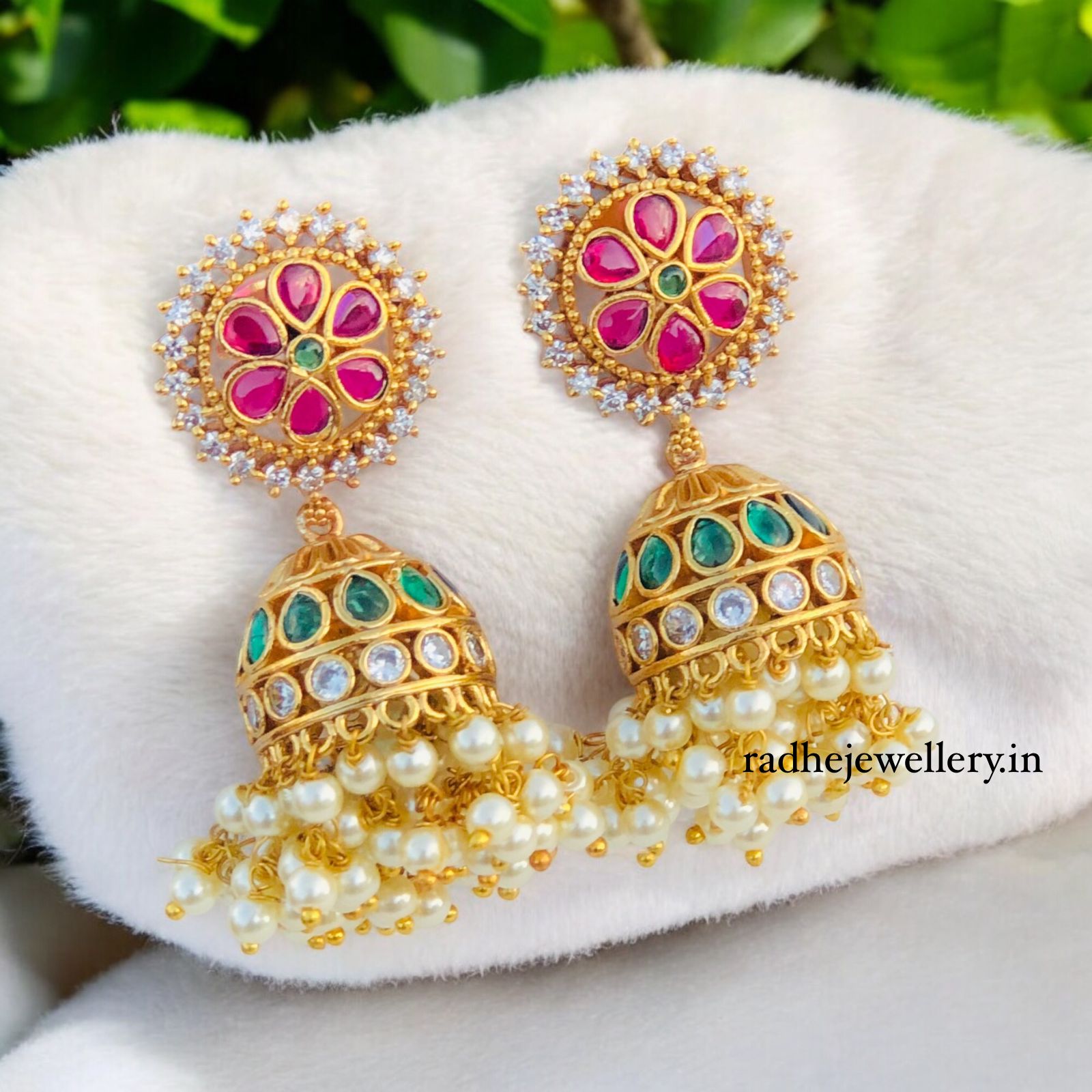 beautifully Ad And Ruby Stone Jhumkas