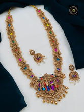 Temple Jewellery Long Haram Necklace Set with Multicolor Stones & Antique Gold Finish