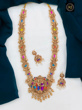 Temple Jewellery Long Haram Necklace Set with Multicolor Stones & Antique Gold Finish