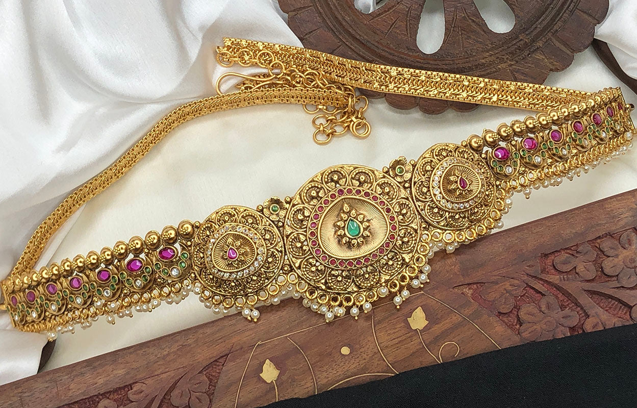 Traditional & Classic Designer Hip Belt With Multicolor Stones