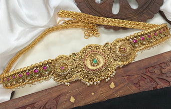 Traditional & Classic Designer Hip Belt With Multicolor Stones