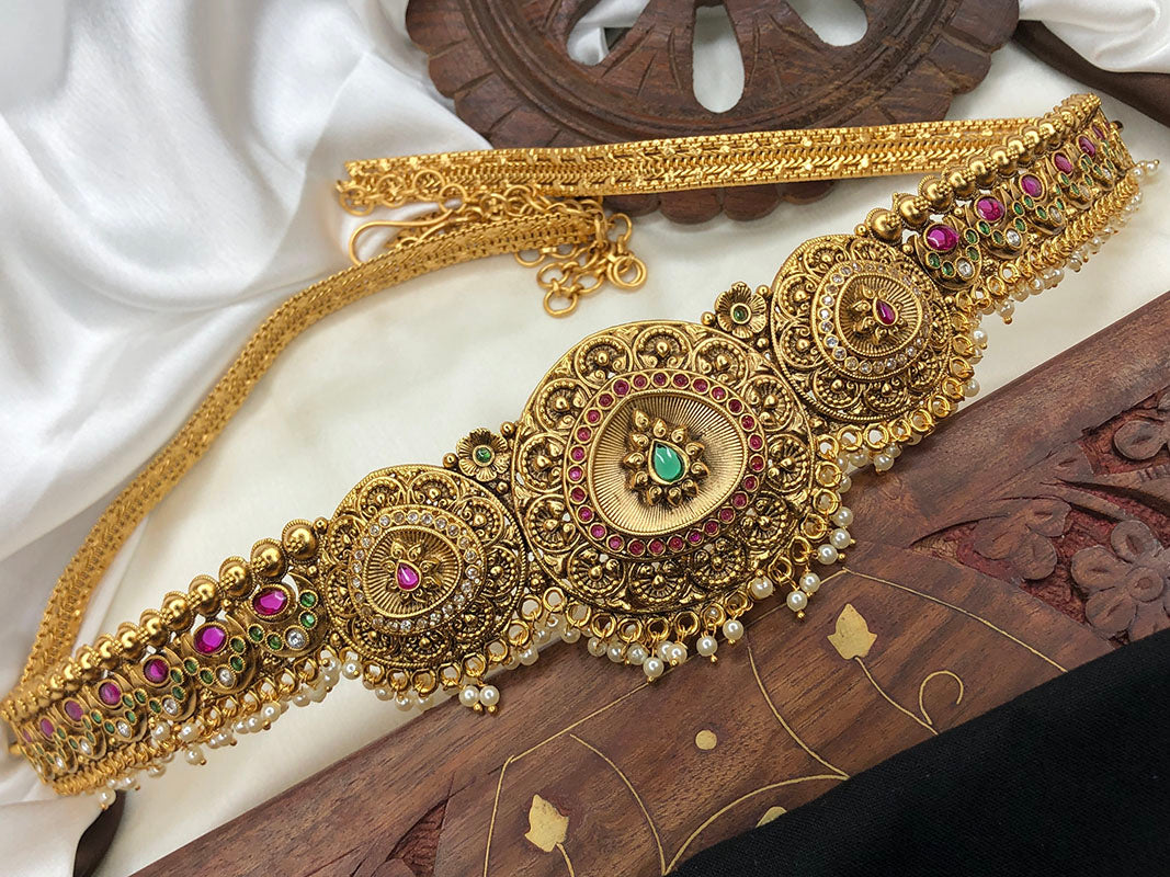 Traditional & Classic Designer Hip Belt With Multicolor Stones