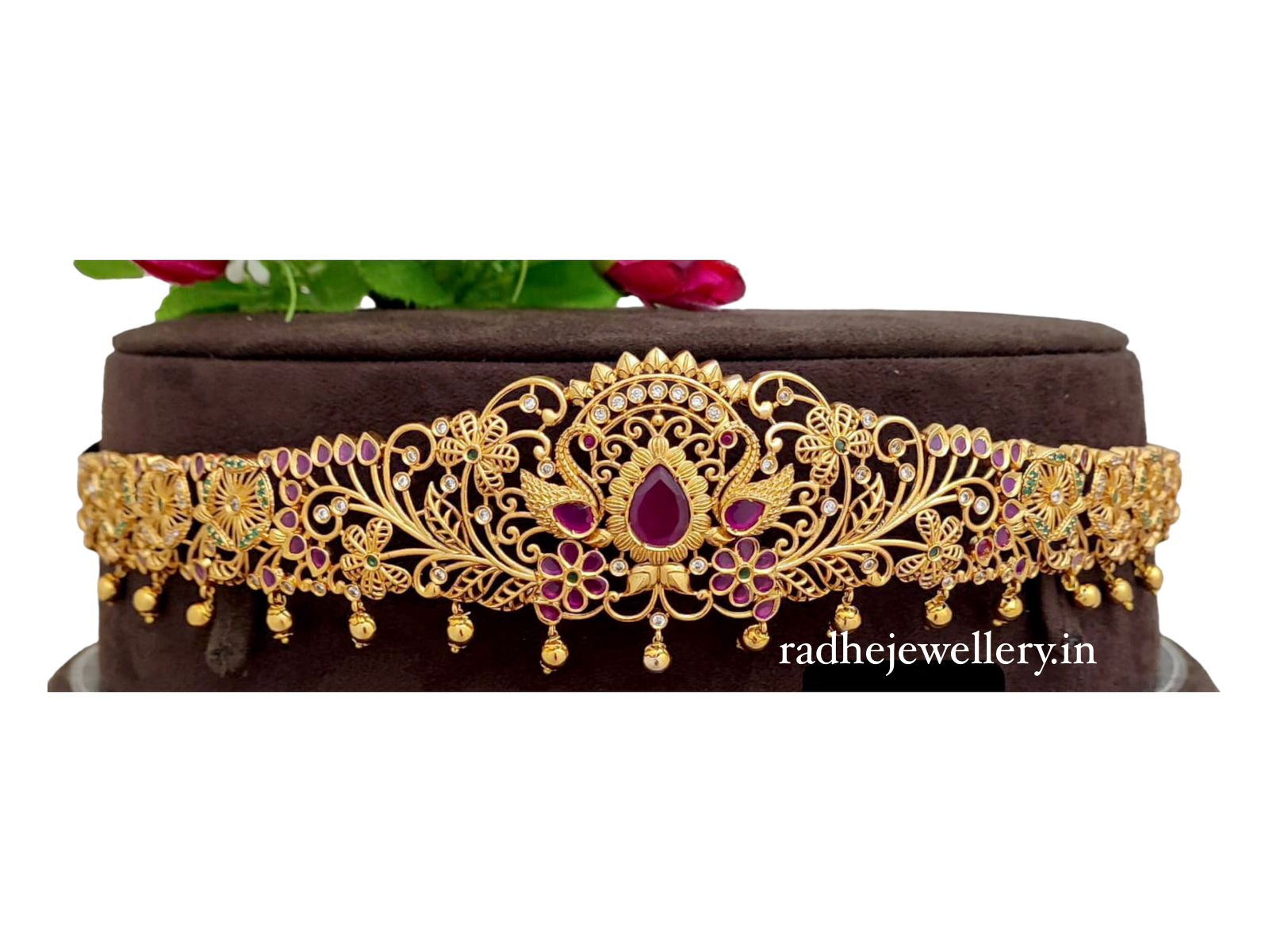 Evergreen Swan Lovers Pair & Floral Designer Hip Belt With Multicolor Stones