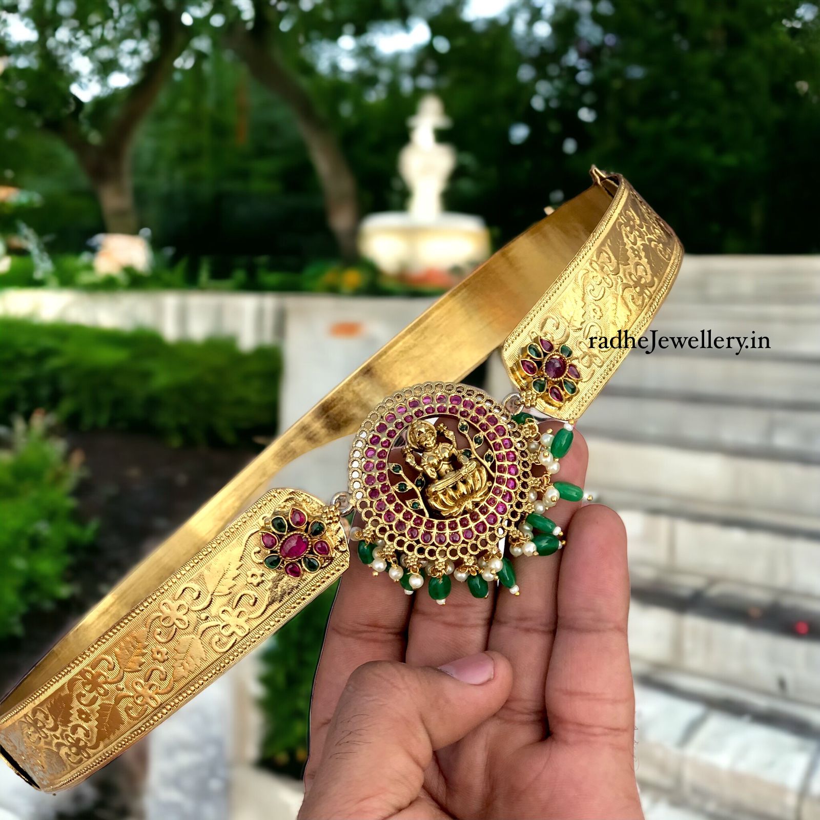 Gold Plated Waist Belt With AD Stones Lakshmi Pendant & Multicolor Stones