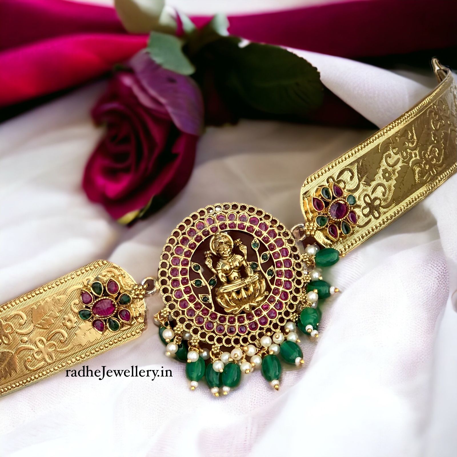 Gold Plated Waist Belt With AD Stones Lakshmi Pendant & Multicolor Stones