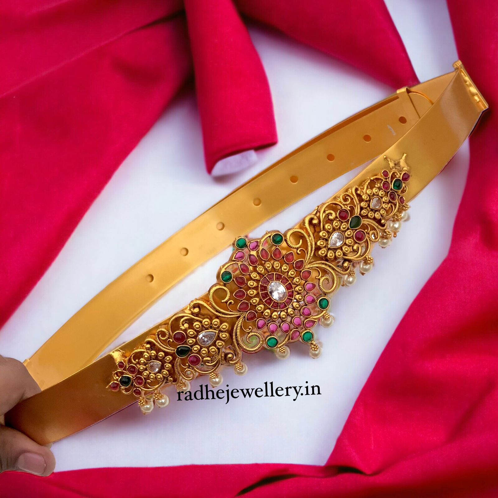 South Indian Hip Chain With Floral Work Embellished With Ruby Stones, High Quality Brass. Adjustable Waist 38-42 Inches