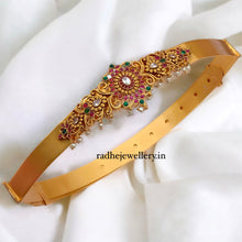 South Indian Hip Chain With Floral Work Embellished With Ruby Stones, High Quality Brass. Adjustable Waist 38-42 Inches