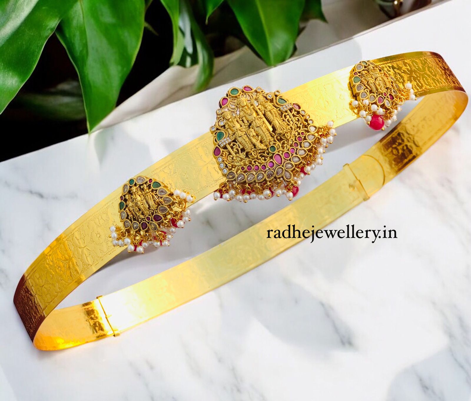 Gold Plated Waist Belt With AD Stones Ram darbar Pendant