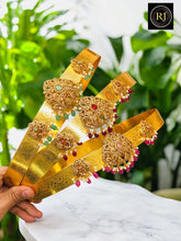 Traditional Gold-Toned Kasu-Pattern Vaddanam/Oddiyanam with Kundan, Ruby, and Emerald Embellishments