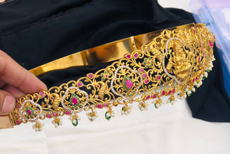 Gold Plated Waist Belt With AD Stones temple Lakshmi Pendant Vaddanams (Hip belts)