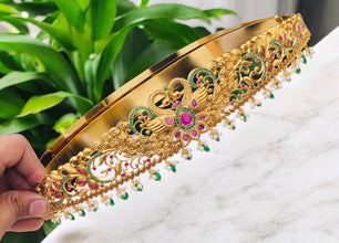 Gold Plated Waist Belt With AD Stone peacock Pendant Vaddanams (Hip belts)