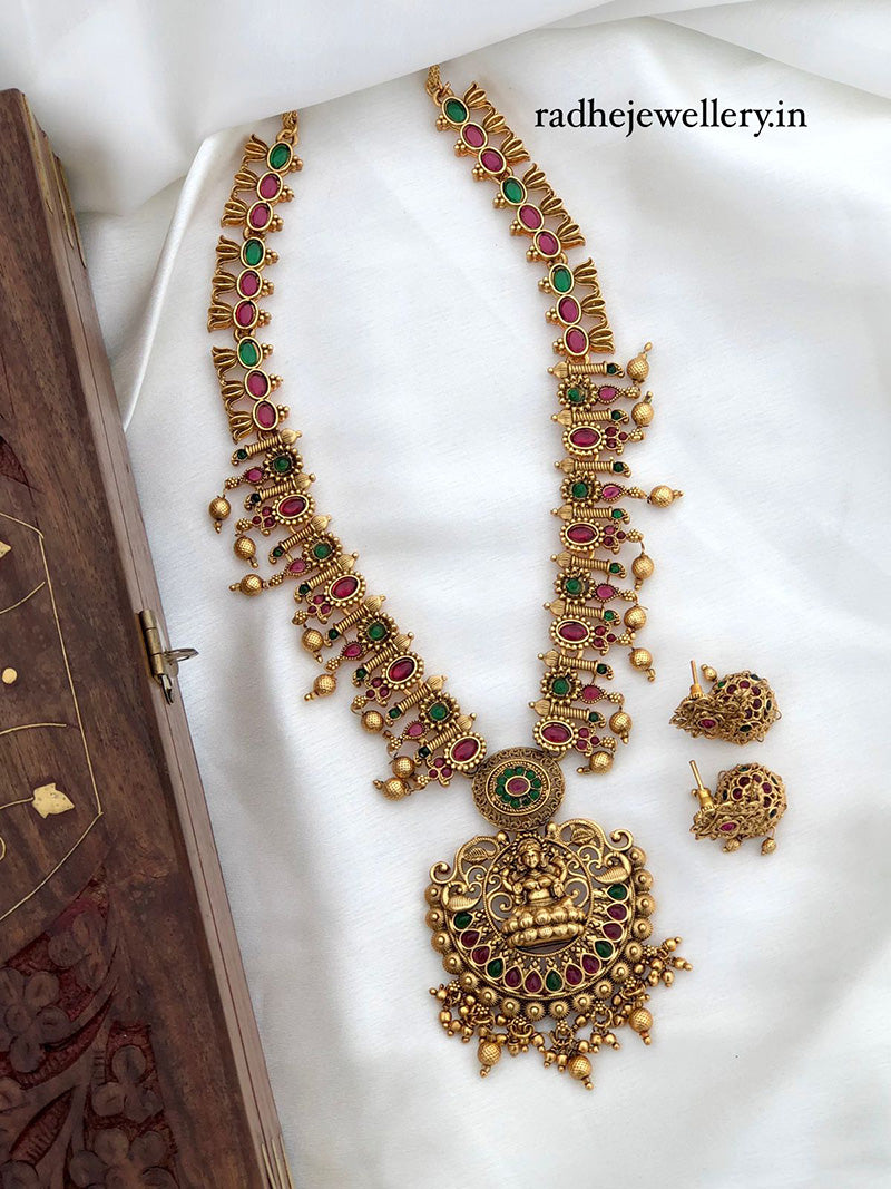 Lakshmi Devi Haram Temple Jewelry Set, With Jhumkis