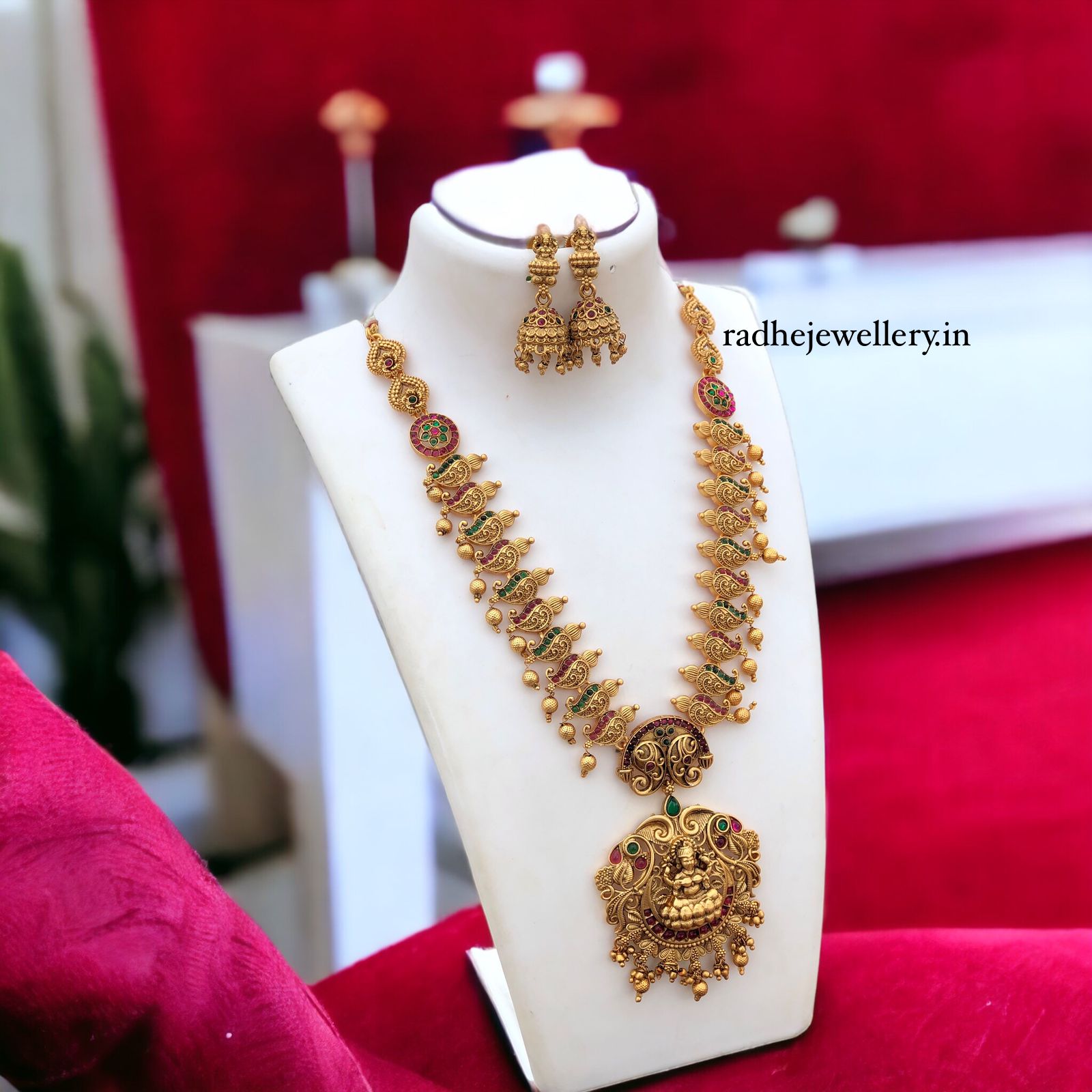 Lakshmi Devi Haram Temple Jewelry Set, With Jhumkis, Mango Leaf Chain