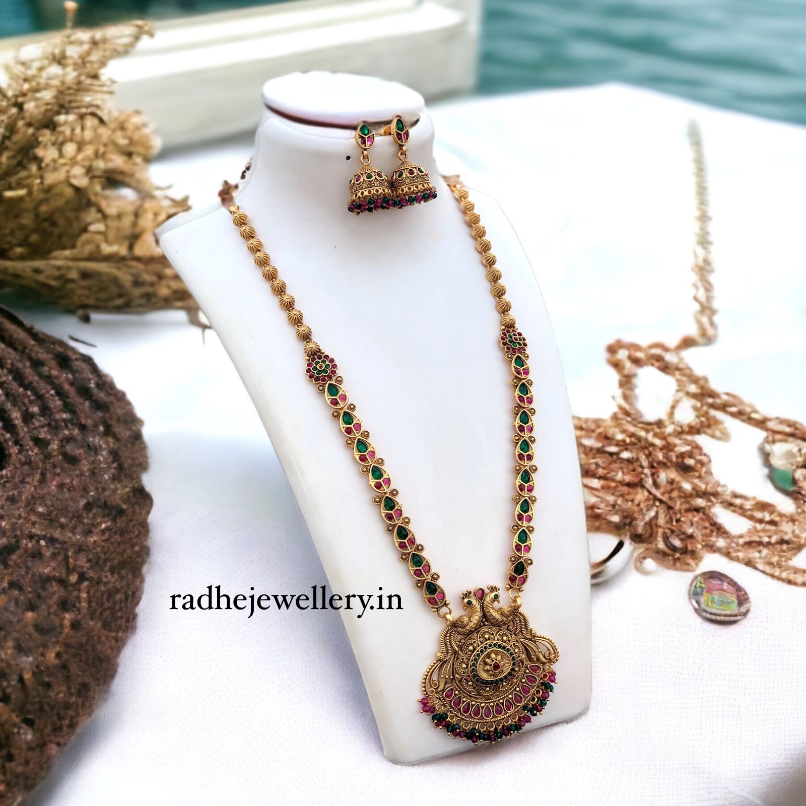 Classic Peacock Haram Temple Jewelry Set, With Jhumkis