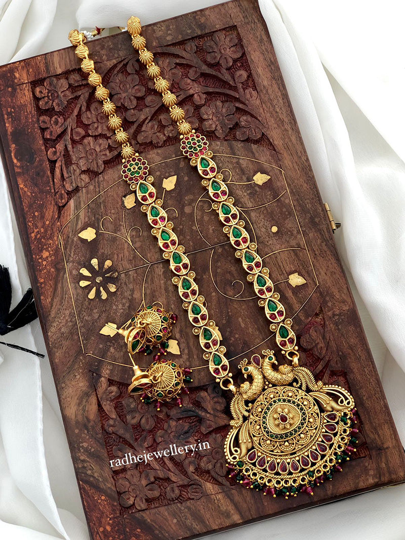 Classic Peacock Haram Temple Jewelry Set, With Jhumkis