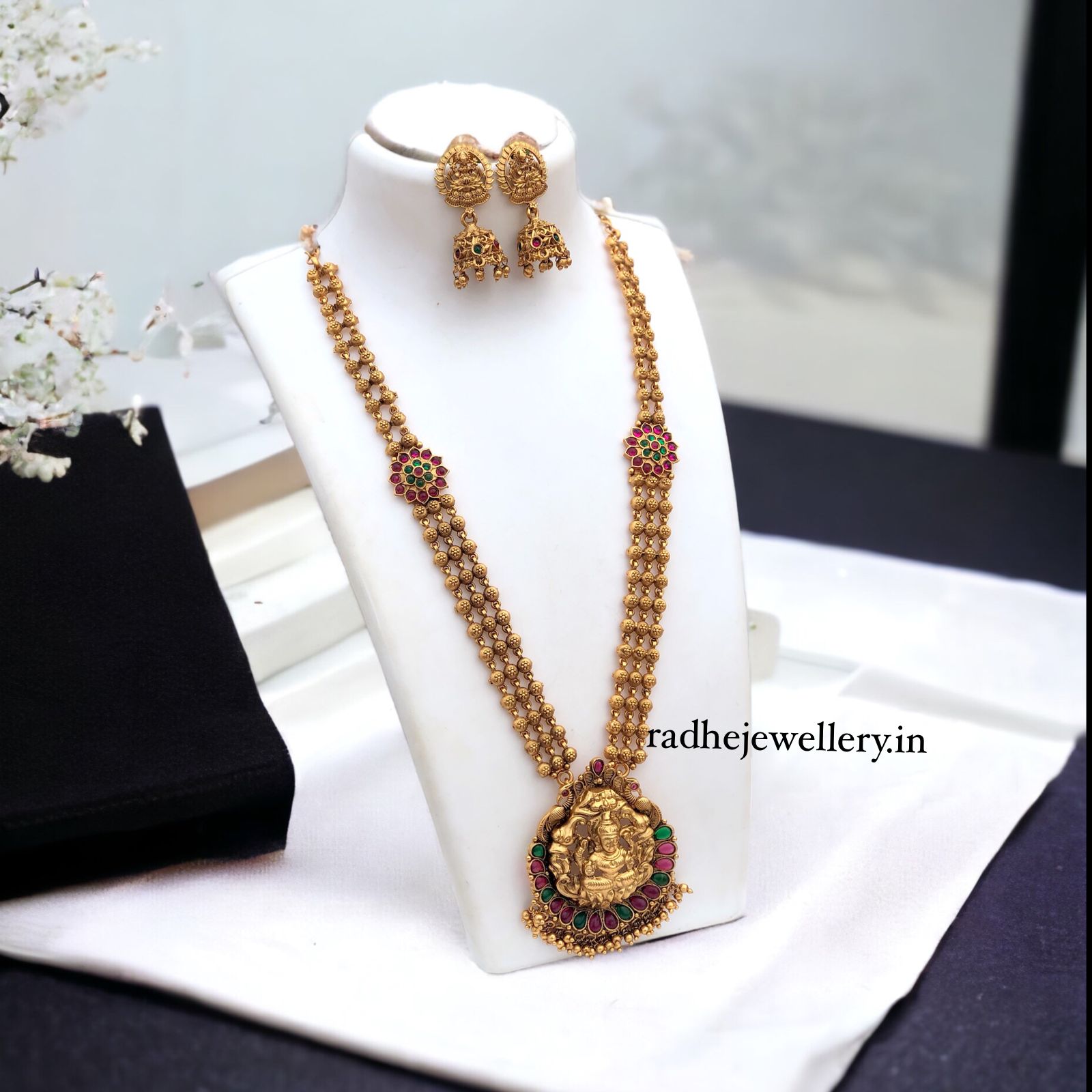 Gajalakshmi Haram Temple Jewelry Set, With Jhumkis, Religious Necklace