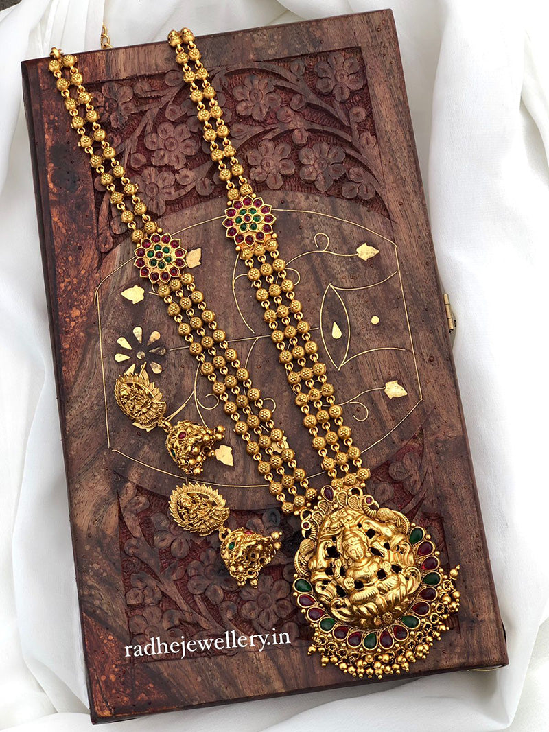 Gajalakshmi Haram Temple Jewelry Set, With Jhumkis, Religious Necklace