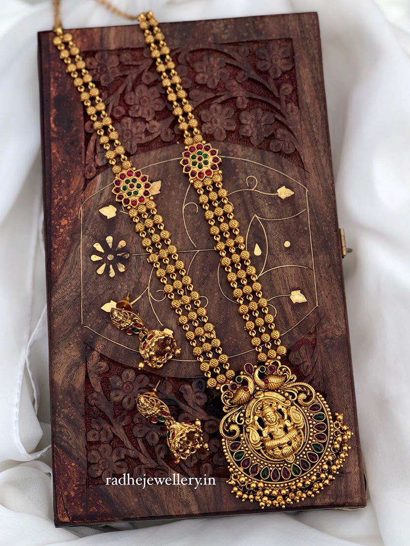 Mahalakshmi With Peacock Haram Temple Jewelry Set, With Jhumkis