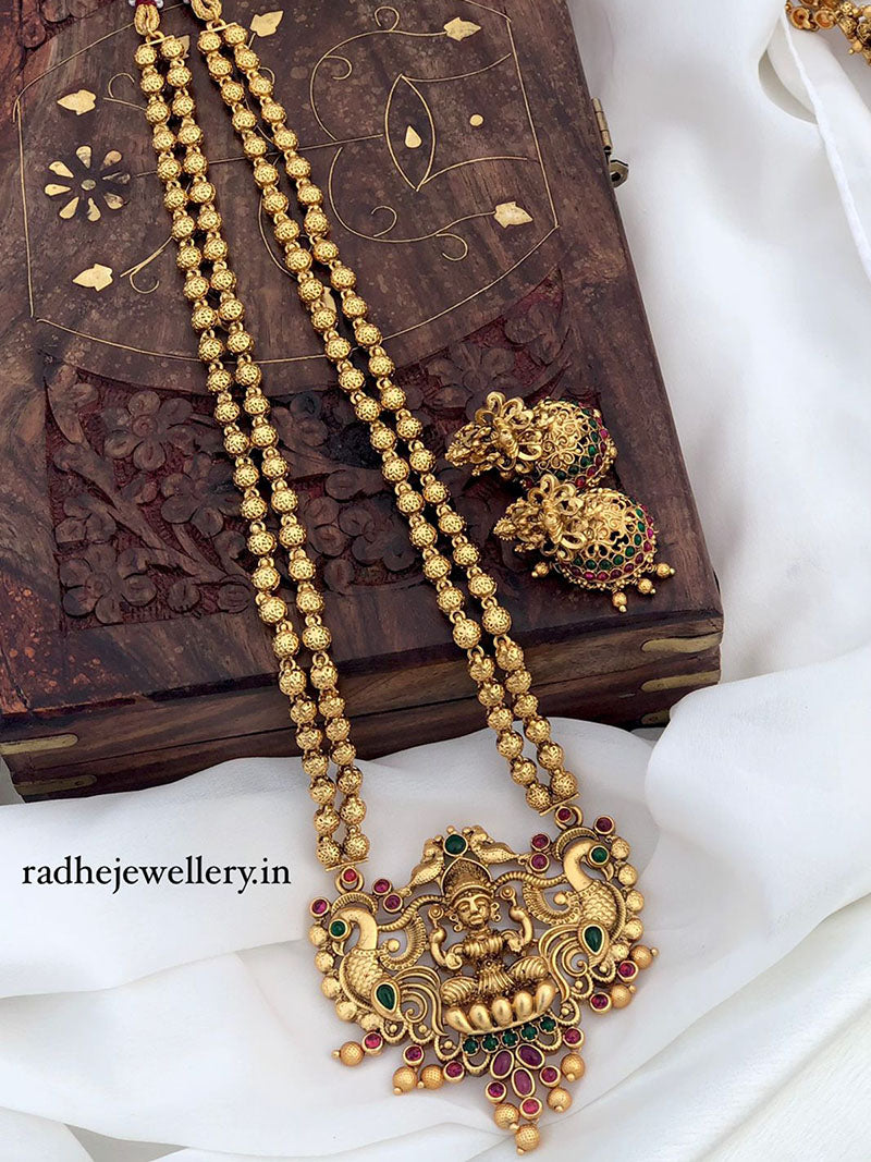 Flourished Lakshmi Haram Temple Jewelry Set, With Jhumkis