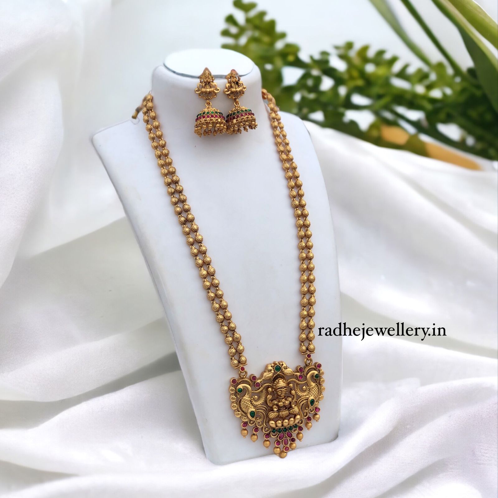 Flourished Lakshmi Haram Temple Jewelry Set, With Jhumkis