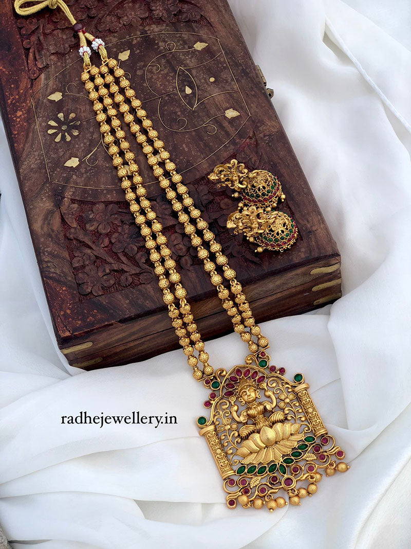 Lotus Lakshmi Haram Temple Jewelry Set, With Jhumkis