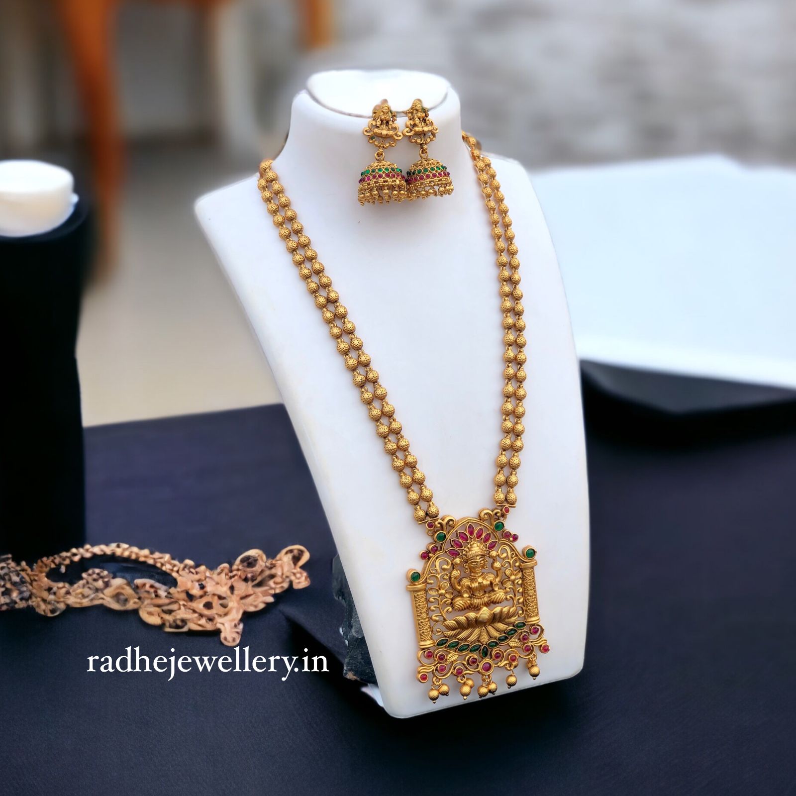 Lotus Lakshmi Haram Temple Jewelry Set, With Jhumkis