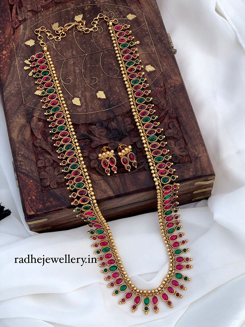 Colorful Stones Studded Haram Temple Jewelry Set, With Studs